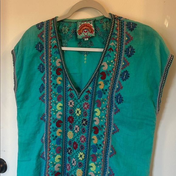 Johnny Was Teal Embroidered Bohemian linen Blouse boho size small - Picture 2 of 6